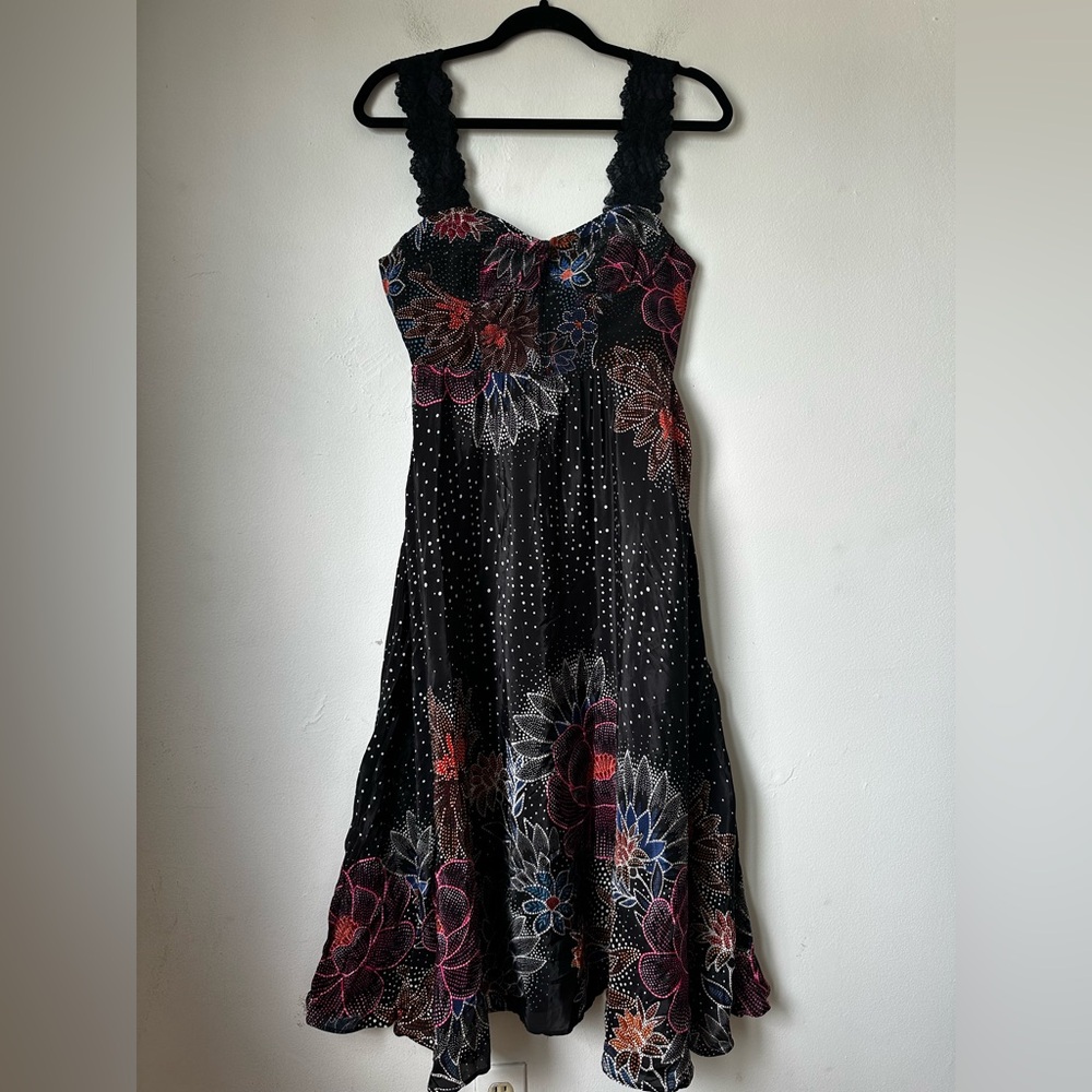 FARM Rio NWOT Black Floral Midi Dress with Pink, Red, Blue and Orange Accents